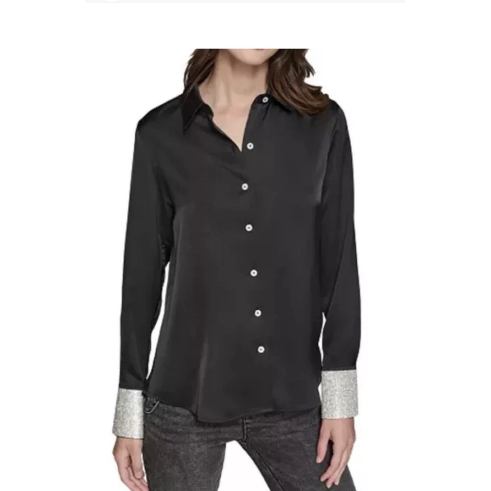 Karl Lagerfeld Paris Blouse L Black Rhinestone Crystal Cuff Button Down Glam